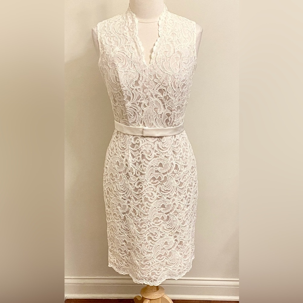 Dessy Collection Vivian Diamond Cream SZ 8 Elegant Cocktail Lace Tan Satin Dress